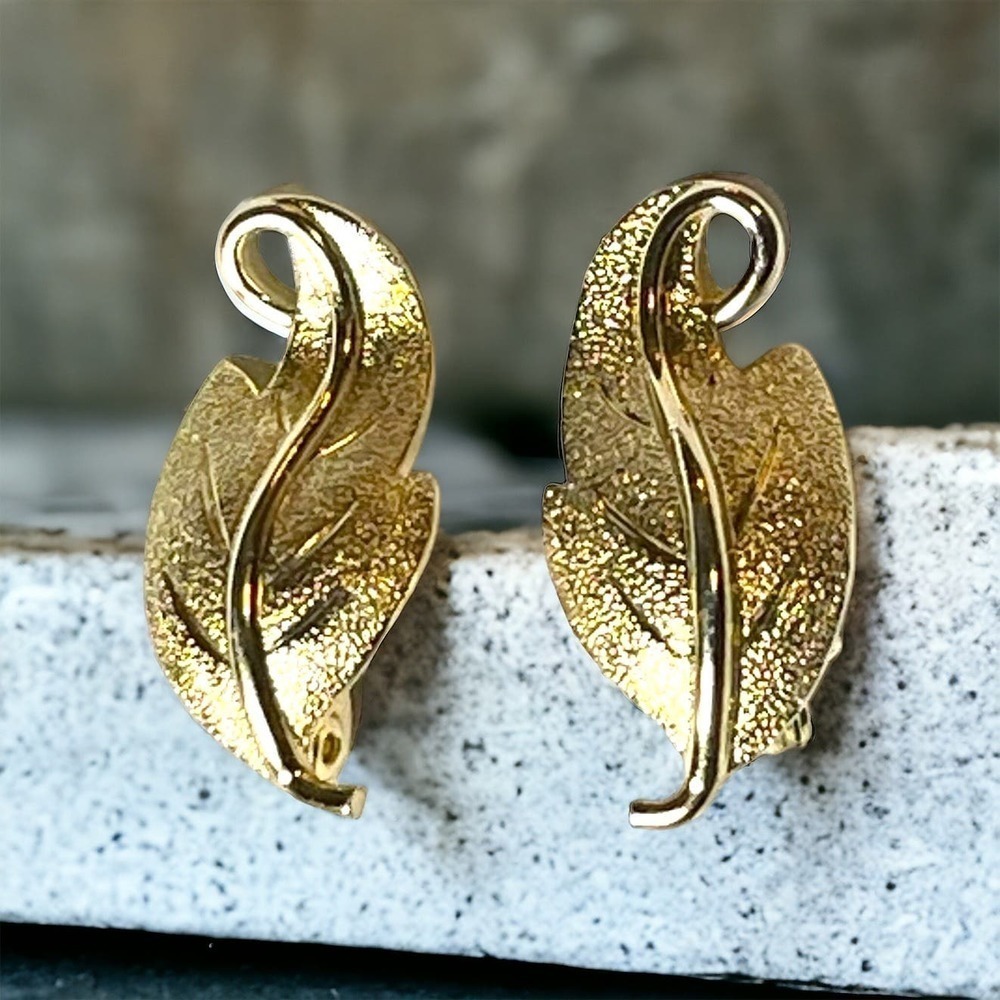 Vintage Monet Gold Tone Leaf Earrings Brushed Finish Clip On